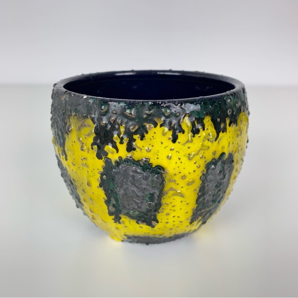 Marei Keramik Planter Vase Fat Lava Yellow Black Textured Germany MCM Vtg